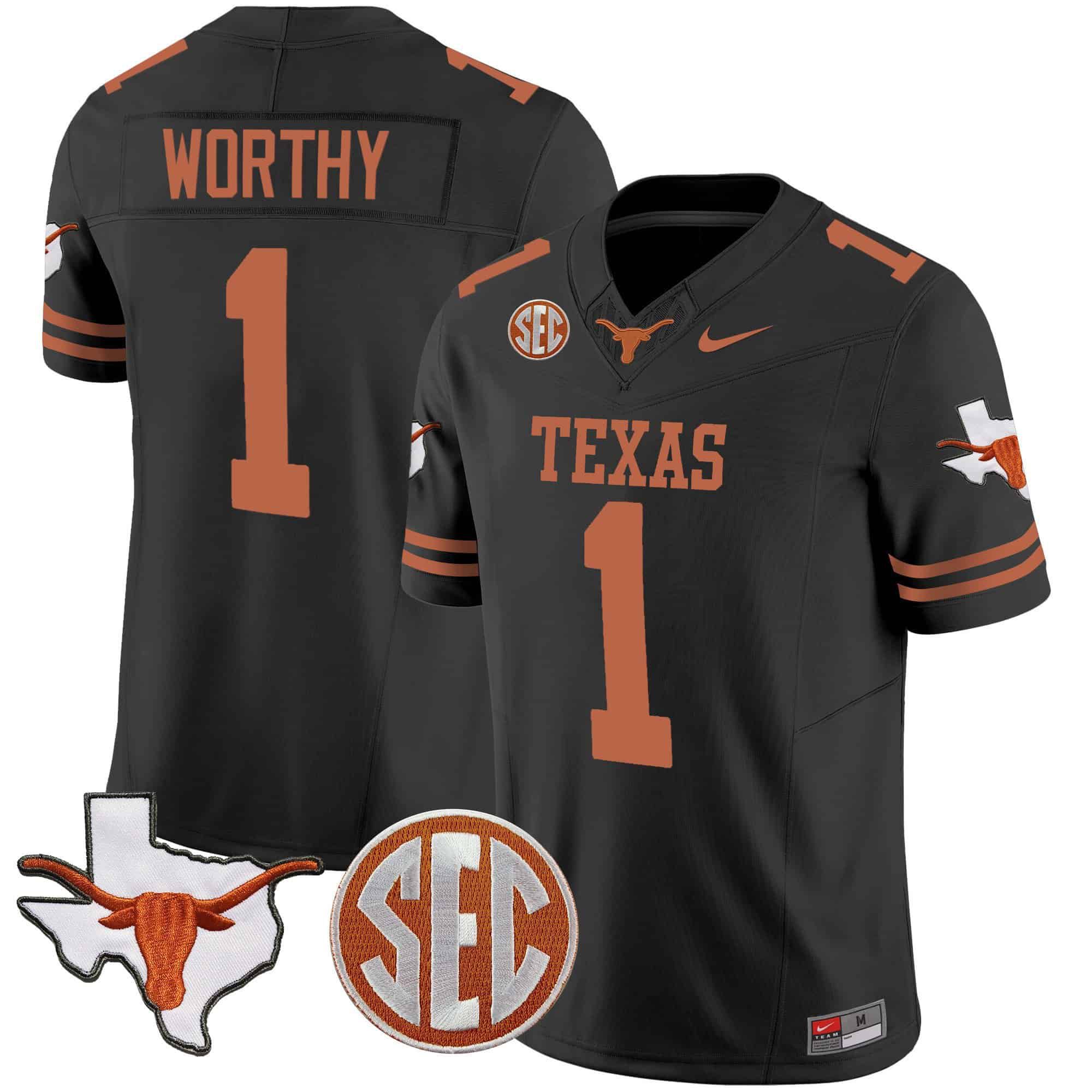 Men Texas Longhorns #1 Worthy Black 2024 Nike State Map & SEC Patch Vapor NCAA Jersey style 1->indianapolis colts->NFL Jersey